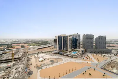 an aerial view of a city with tall buildings at FIRST CLASS Studio Cozy Luxe Sanctuary in Dubai