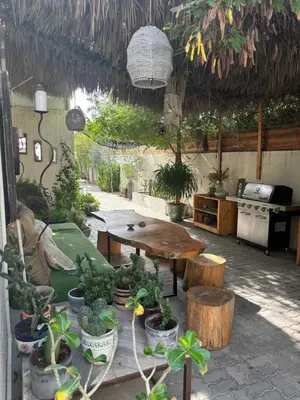a patio with a table and a bunch of potted plants at Private Cottage with bbq area 5 min walk to beach! in Dubai