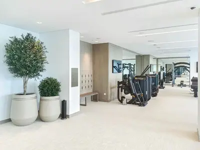 a gym with two large potted plants and exercise equipment at Palace residence creek harbour in Dubai