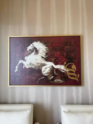 a painting of a horse on a wall at Burj Khalifa View Luxury Apt - 7 min to Dubai Mall in Dubai