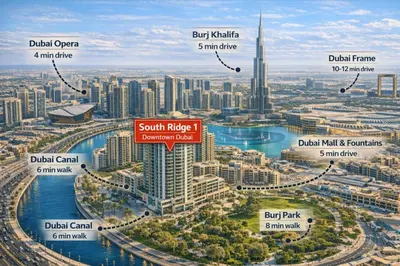 an aerial view of the dubai marina with a map of the city at Downtown Retreat 1BR with Skyline Views & WiFi in Dubai