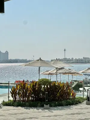 a group of umbrellas and plants next to the water at Royal bay Azizi Palm Jumeirah in Dubai