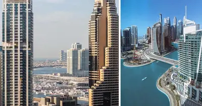two views of a city skyline with skyscrapers at Dubai Marina View, close to beach & metro in Dubai