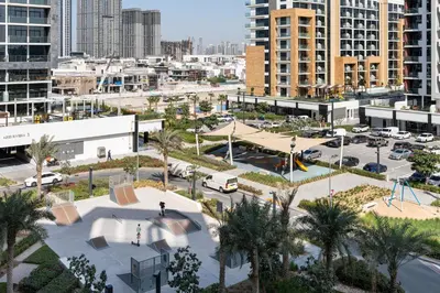 an aerial view of a city with a skate park at Modern Meydan Studio Near Dubai Mall & Downtown in Dubai