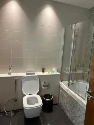 a bathroom with a toilet and a shower at Central Park Towers Royal suite DIFC Downtown in Dubai