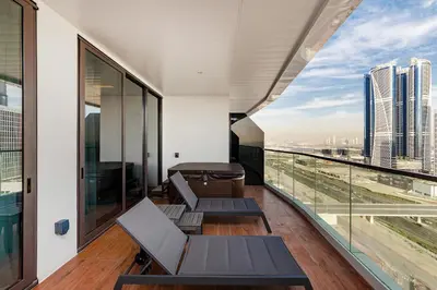 an office balcony with a view of the city at Luxury Apartment in Business Bay in Dubai