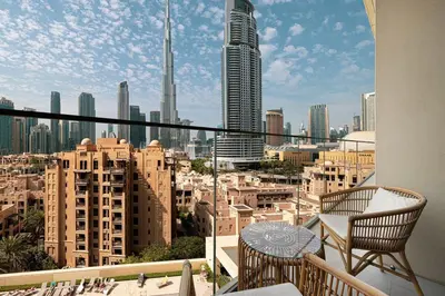 a balcony with a view of a city at Walk to Dubai Mall- Enjoy Burj Khalifa Show in Dubai