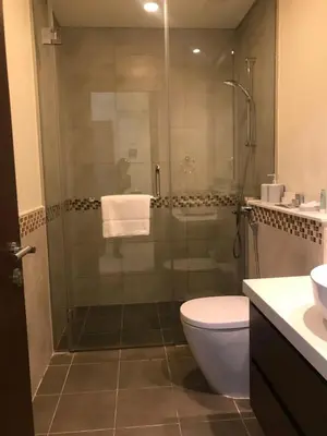a bathroom with a shower and a toilet and a sink at 2 bhk 3 mins in down town in Dubai