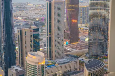 an aerial view of a city with tall buildings at 60th High Floor - full World islands, Downtown and Ocean View - high quality Design and Furniture - 2 Bedroom in Dubai