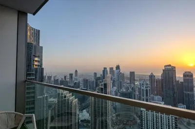 a view of the city from a skyscraper at 60th High Floor - full World islands, Downtown and Ocean View - high quality Design and Furniture - 2 Bedroom in Dubai