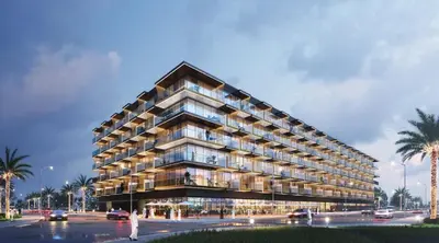 a rendering of a building with palm trees at Spacious 3BR Apartment in JVC Dubai Modern & Cozy Stay in Dubai