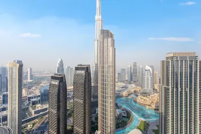 an aerial view of a city with tall buildings at High Floor Apartment with full Burj Khalifa View, Opera & Fountain - Downtown Dubai - Forte Tower by Stayfinity in Dubai