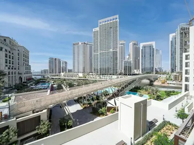 a view of a city skyline with tall buildings at Luxury 2-Bed Retreat with Stunning Creek Views in Dubai