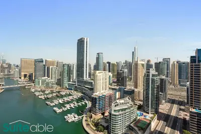 an aerial view of a city with a harbor at Chic 1Bedroom with Stunning Marina View in Sparkle in Dubai
