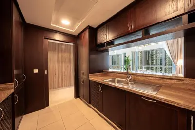 a kitchen with a sink and a window at Best location in Downtown Dubai in Dubai