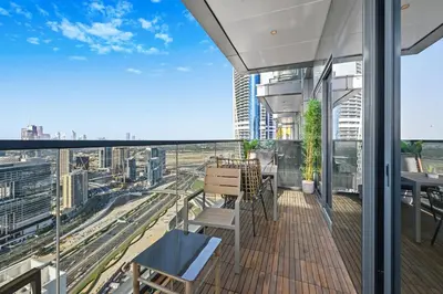 a balcony with a view of the city at Stunning 1 Bdr Luxury with Burj Khalifa View in Dubai