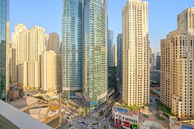 an aerial view of a city with tall buildings at Relaxing 1BR in Dubai With Access to Pool, Gym & Parking in Dubai