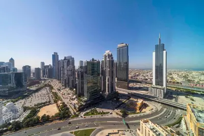 an aerial view of a city with tall buildings at Downtown Dubai Luxury 1 BR in BLVD Heights T1 in Dubai