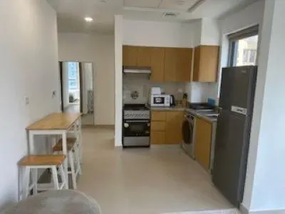 a kitchen with wooden cabinets and stainless steel appliances at Hideaway in Downtown in Dubai