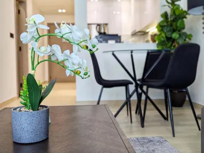 a vase with white flowers sitting on a table at Modern Luxury Fully Furnished 1BH Apartment in Binghatt Nova JVC - Easy Access to JBR, Circle Mall & Dubai Hills Mall in Dubai