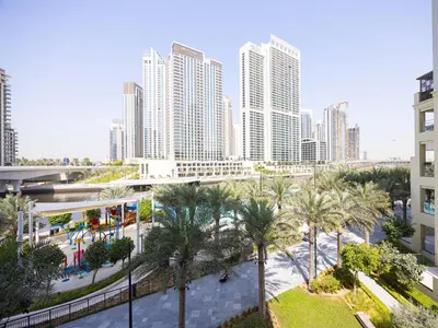 an aerial view of a city with tall buildings at Beachfront Family Entire Unit in Dubai Ras Al-Khor in Dubai