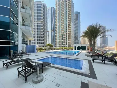 a swimming pool on the roof of a building at GuestReady - Fantastic retreat with Palm views in Dubai