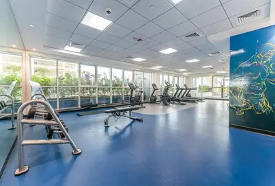 a gym with rows of treadmills and machines at Near Dubai Miracle Garden 1BR with Private Balcony, Orchid Residence, Al Barsha South by Deluxe Holiday Homes in Dubai