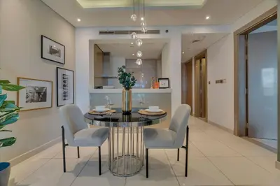a dining room with a table and chairs at GuestReady - Stylish home in Business Bay in Dubai