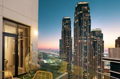 a view of a city skyline from a building at Mahogany 5 - 2BR 6PAX - Infinity Pool & High-floor in Dubai
