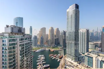 an aerial view of a city with tall buildings at Livbnb-Upgraded 3B with Marina View,Near Promenade in Dubai