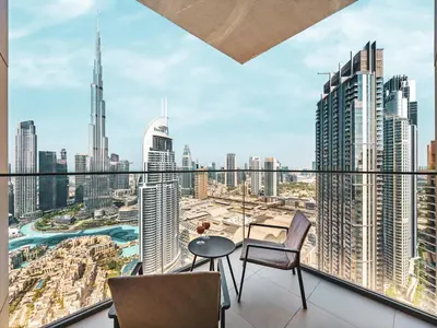 a balcony with a view of a city at Panoramic Burj Khalifa Views at Burj Royale by Propigo in Dubai