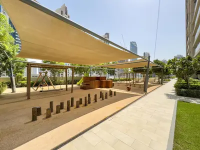 a pavilion with a playground in a city at Panoramic Burj Khalifa Views at Burj Royale by Propigo in Dubai