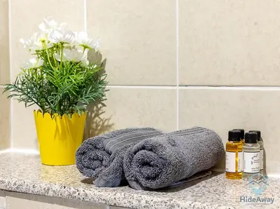 a bathroom counter with towels and a vase with flowers at 1BR Modern, Stylish l Mins to Beach l Dubai Marina in Dubai