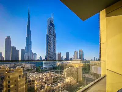 a view of a city skyline from a building at Majestic Burj Khalifa View 2BR Premium Apartment By SBH in Dubai