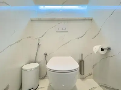 a bathroom with a white toilet and a toilet paper roll at Luxury 1BR in Zaafran With Stunning Burj Khalifa View in Dubai