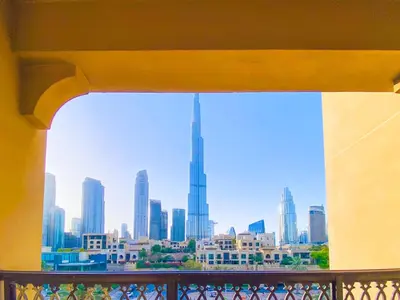 a view of a city skyline from a balcony at Live the Burj Lifestyle in Timeless OldTown by SBH in Dubai