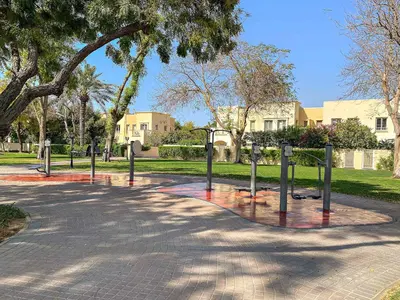a park with a bunch of poles in the ground at Silkhaus Luxe 2 BDR with Maid room in Springs 7 Villa 14 in Dubai