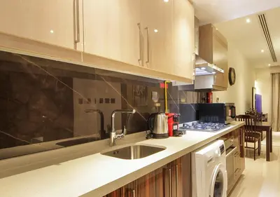a kitchen with a sink and a stove at Elite Downtown Stay with Gym, Pool near Dubai Mall in Dubai