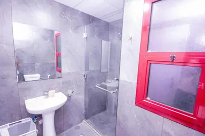 a bathroom with a sink and a shower with a window at Cozy Studio for Daily Rental Warsan in Dubai