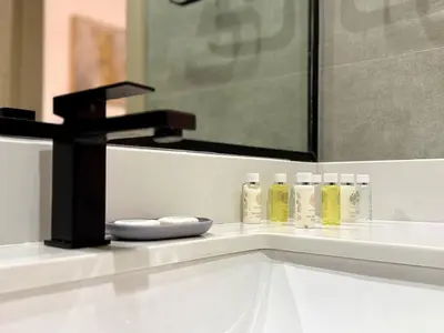 a bathroom sink with a faucet and bottles of soap at Brand New-Fully Furnished Elegant 1BR In JVC in Dubai