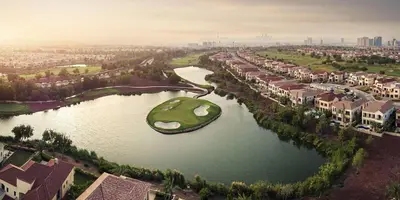 a rendering of a golf course in the middle of a river at 1BHK Luxury Serviced Apartment - Al Andalus JGE in Dubai