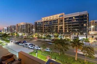 a view of a city with buildings and a street at FIRST CLASS Studio Urban Elegance in Dubai