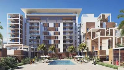 an artist rendering of an apartment building with a pool at Large 2BR with Work Desk, Pool, Gym and Kids Area in Dubai
