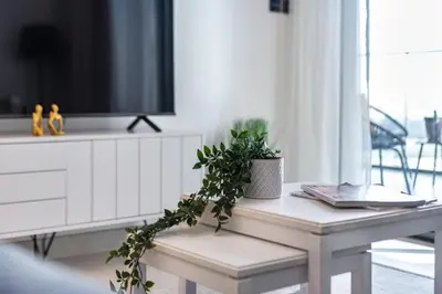 a living room with a table with a plant on it at The Smart Concierge - Binghatti Canal in Dubai