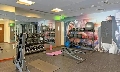 a gym with dumbbells and a wall with a mural at Downtown Apt - Near Burj Khalifa - Free Parking in Dubai