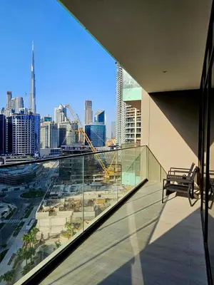 a balcony with a view of a city skyline at Luxury Fully Furnished One Bedroom in Dubai