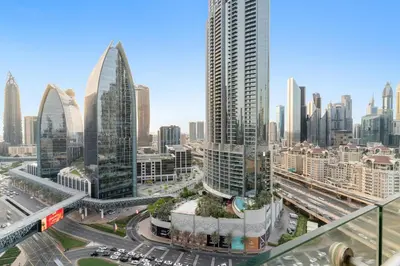 a view of a city with many tall buildings at FIRST CLASS Studio Stunning Burj Khalifa Views in Dubai