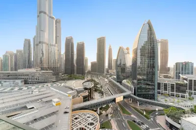 a view of a city with tall buildings at FIRST CLASS Studio Stunning Burj Khalifa Views in Dubai