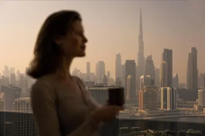 a woman standing in front of a city skyline at THE UPSIDE Downtown Dubai in Dubai