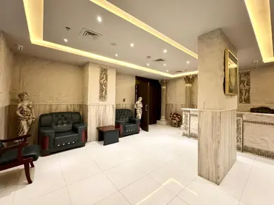 a living room with two chairs and a fireplace at Al Manara Classic Deluxe Sheikh Zayed Studio in Dubai